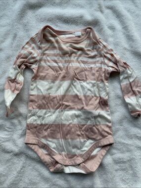 Burberry Pink and White Striped Long-Sleeve Baby One-Piece